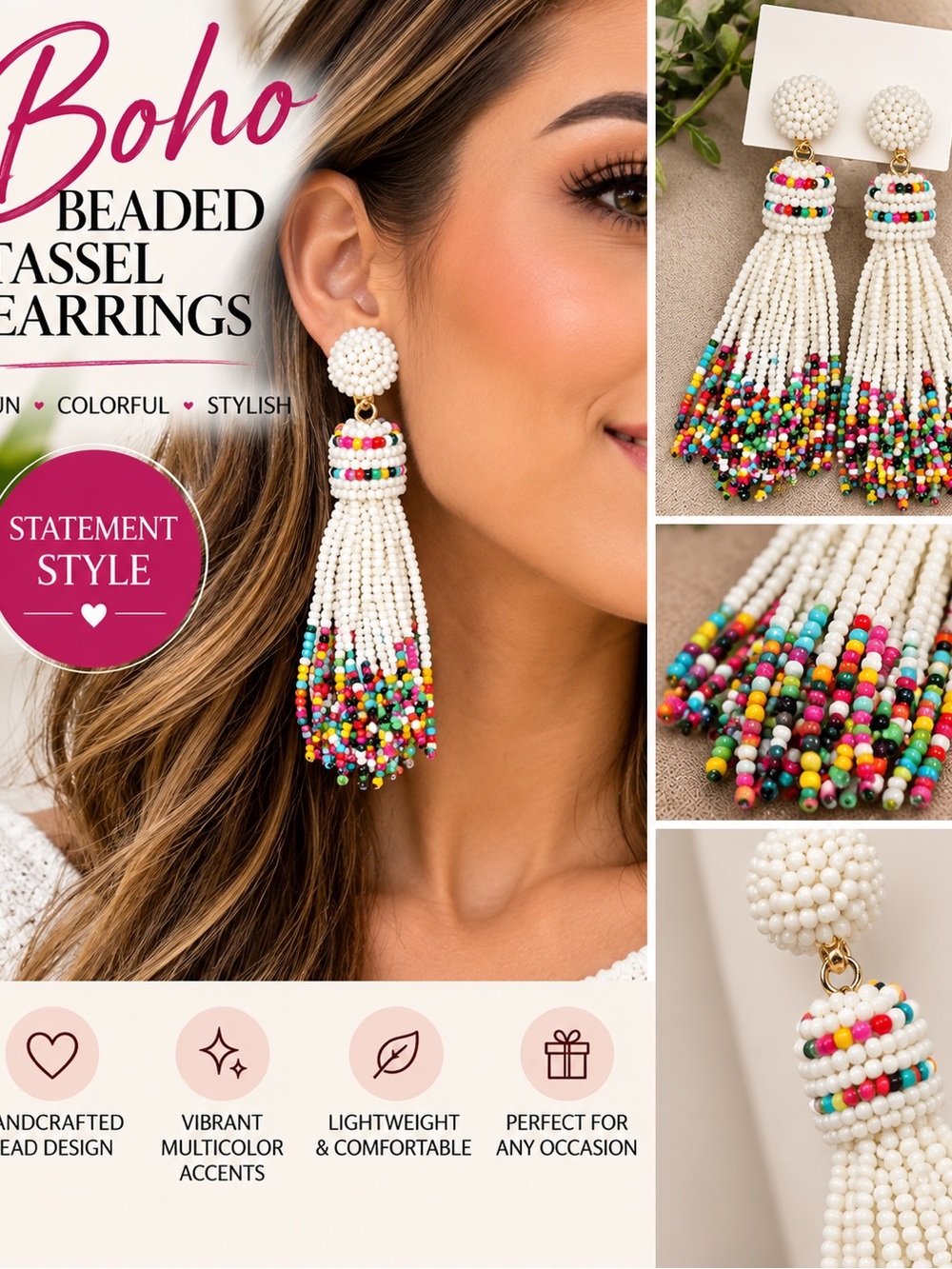 Boho Multicolor & White Beaded Tassel Earrings